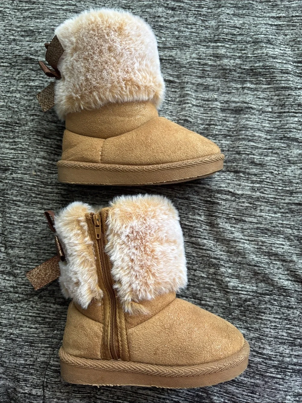 Cozy Faux-Fur Bow Kids Boots in Tan